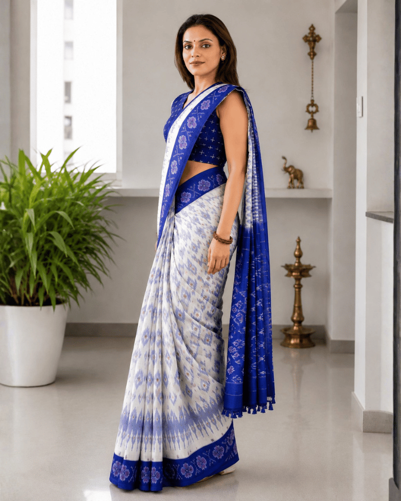 White Ikat Saree With Hand Embroidery