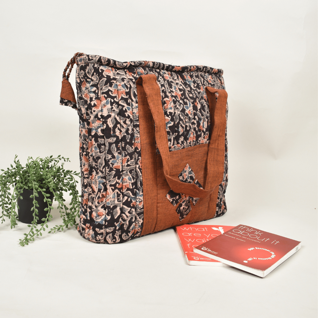 Black Kalamkari quilted ladies laptop bag or overnight travel bag