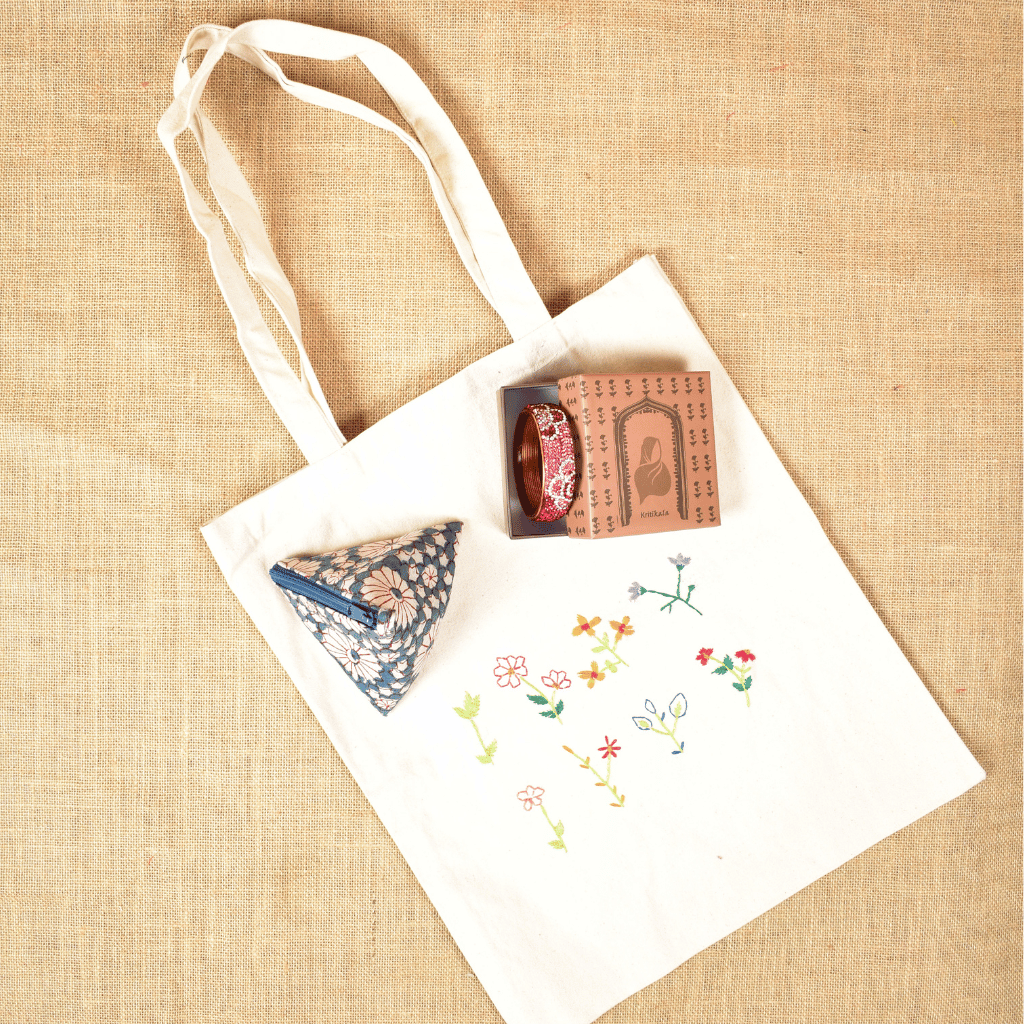 Raksha Bandhan Gift Combo for Sister – Embroidery Tote, Samosa Pouch & Lac Bangle Kada