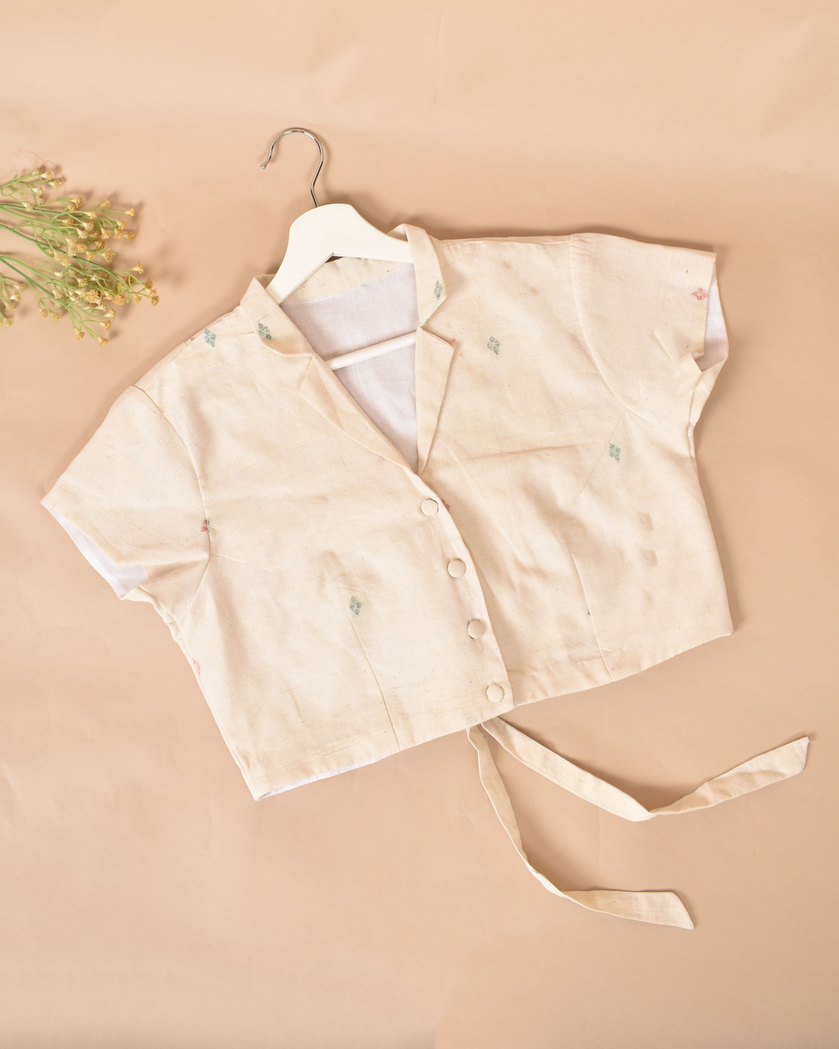 White Jamdhani Blouse With Back Ties