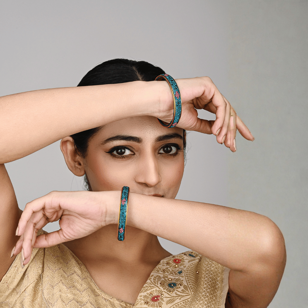 Pair of lac bangles in blue and pink stones - Hyderabad