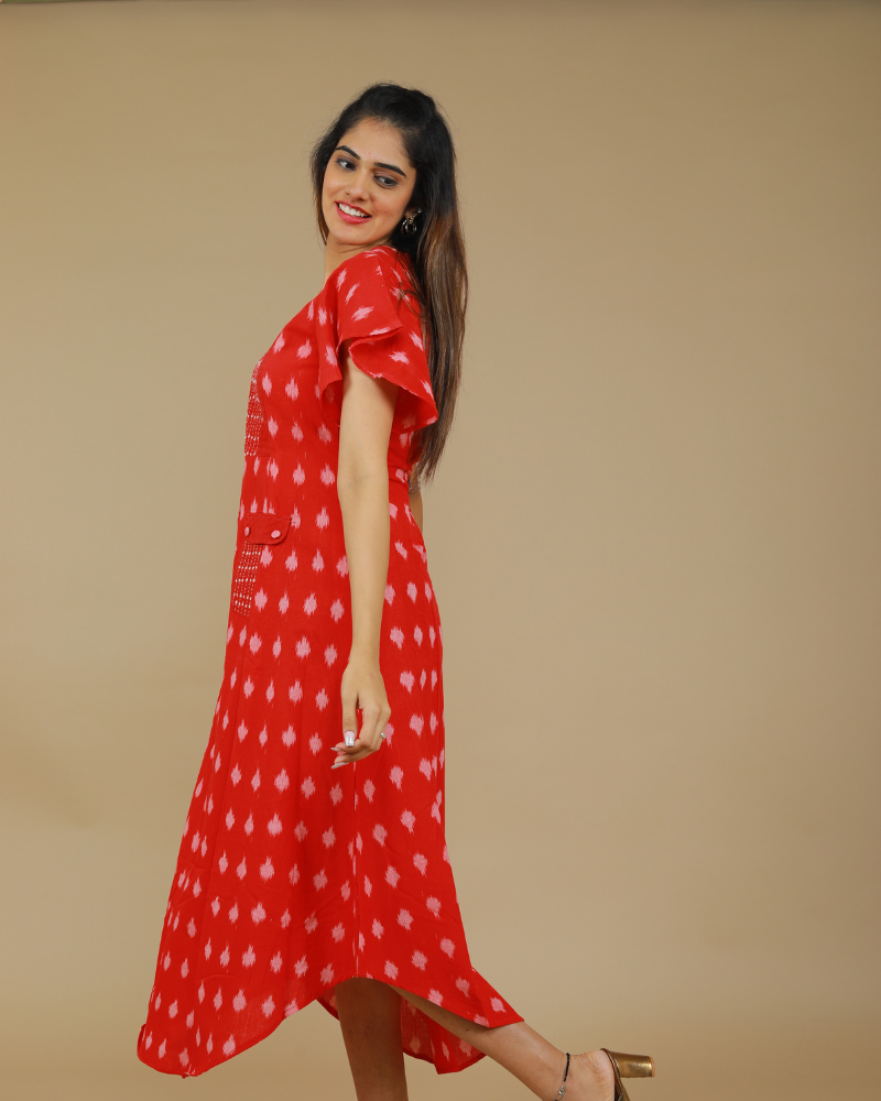 Red ikat pleated dress side view