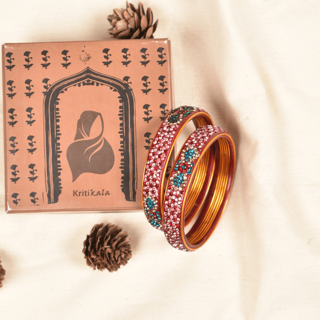 Pair of maroon & pink 5 line stoned lac bangles - Hyderabad
