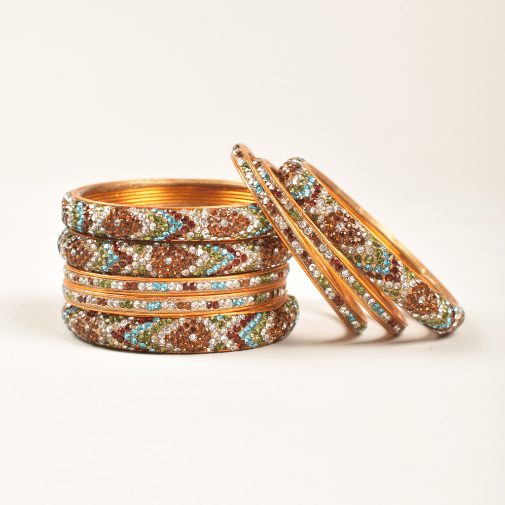 Set of lac bangles in orange & white stones