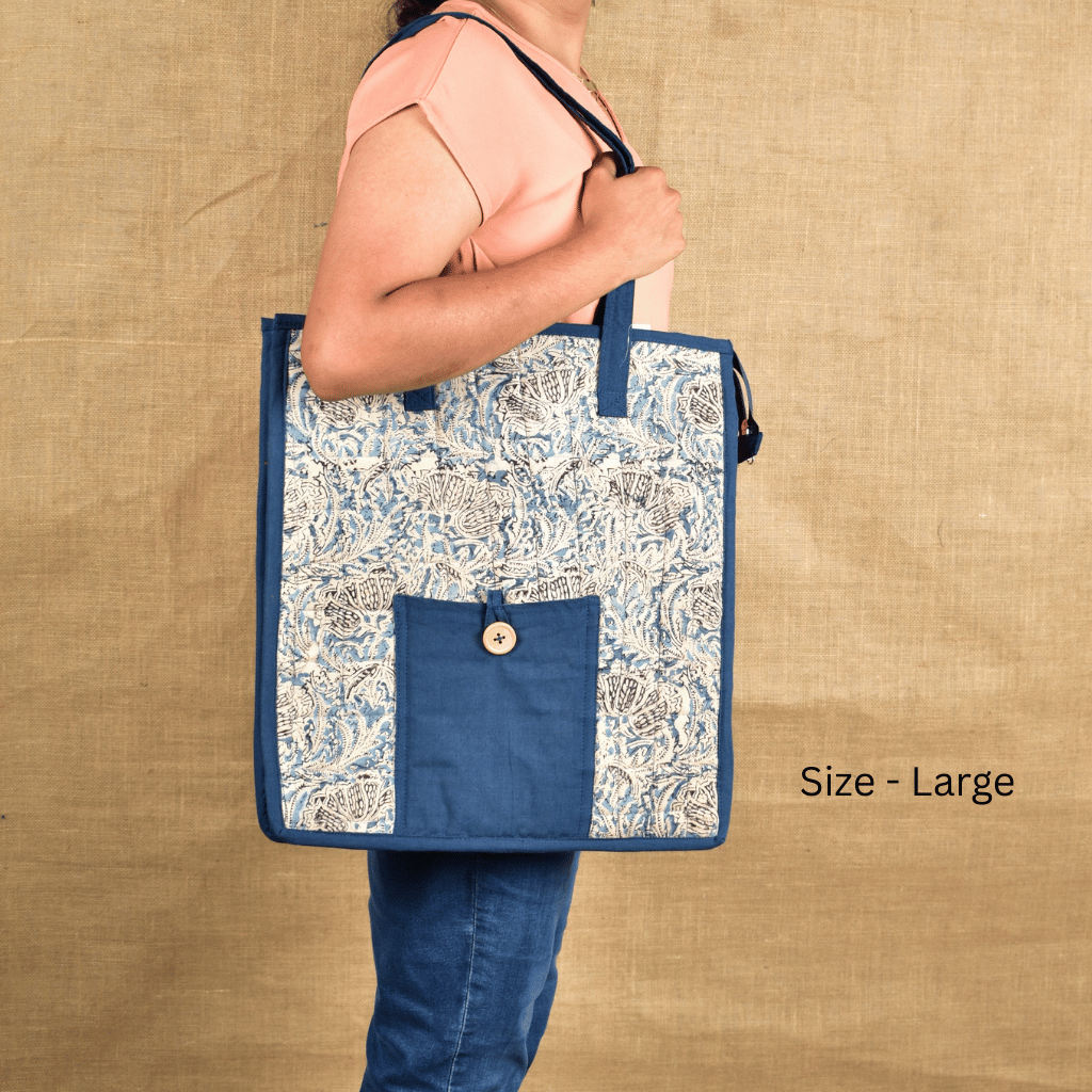 Blue Kalamkari Quilted Tote Bag - Large