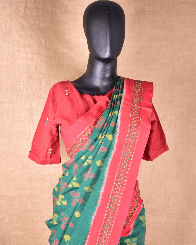 Green ikat saree with hand embroidery