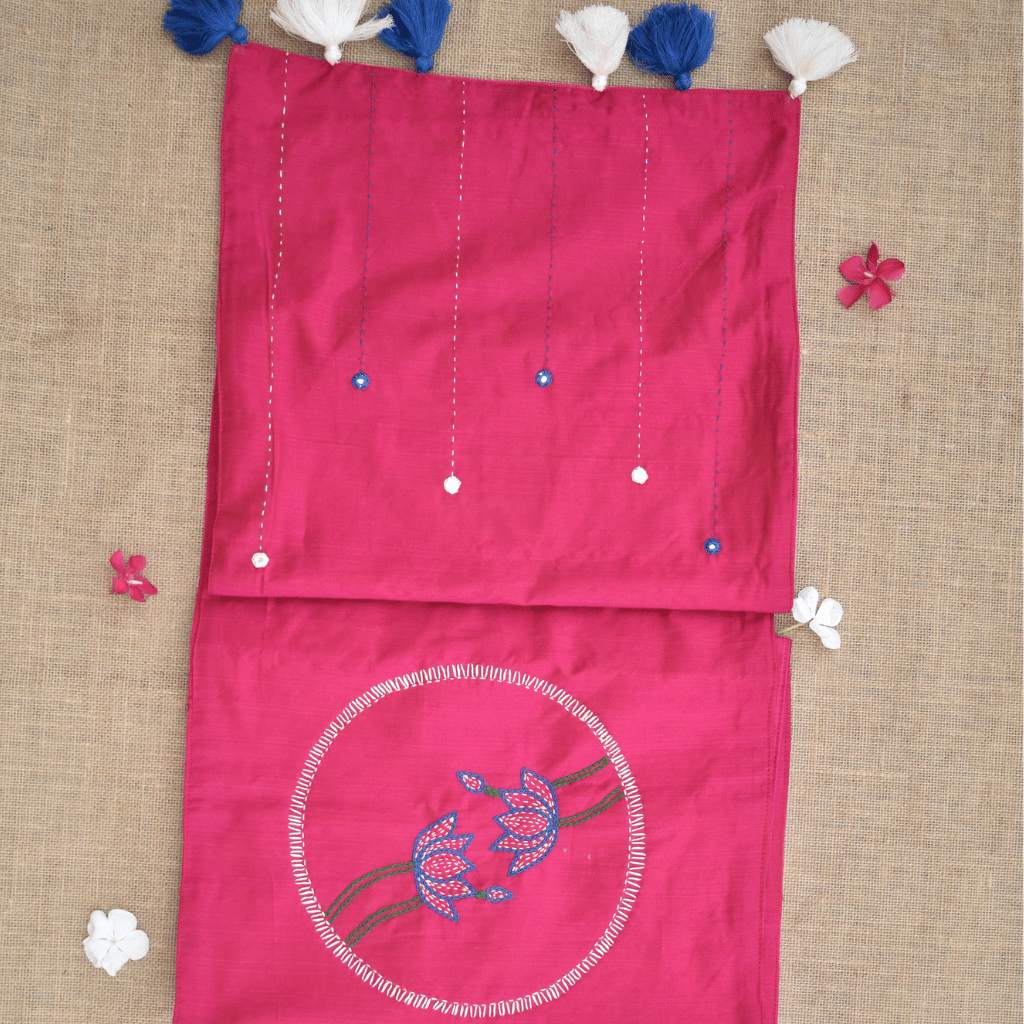 Pink Silk lotus embroidery festive table runner - front