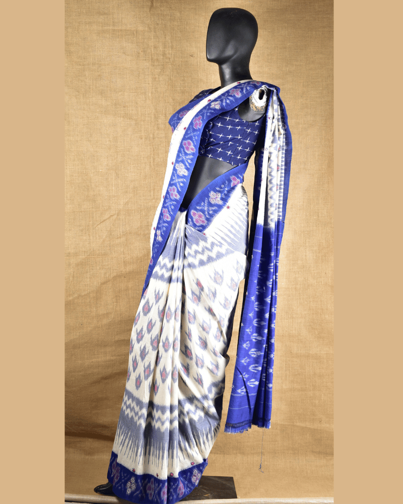 White Ikat Saree With Hand Embroidery - side
