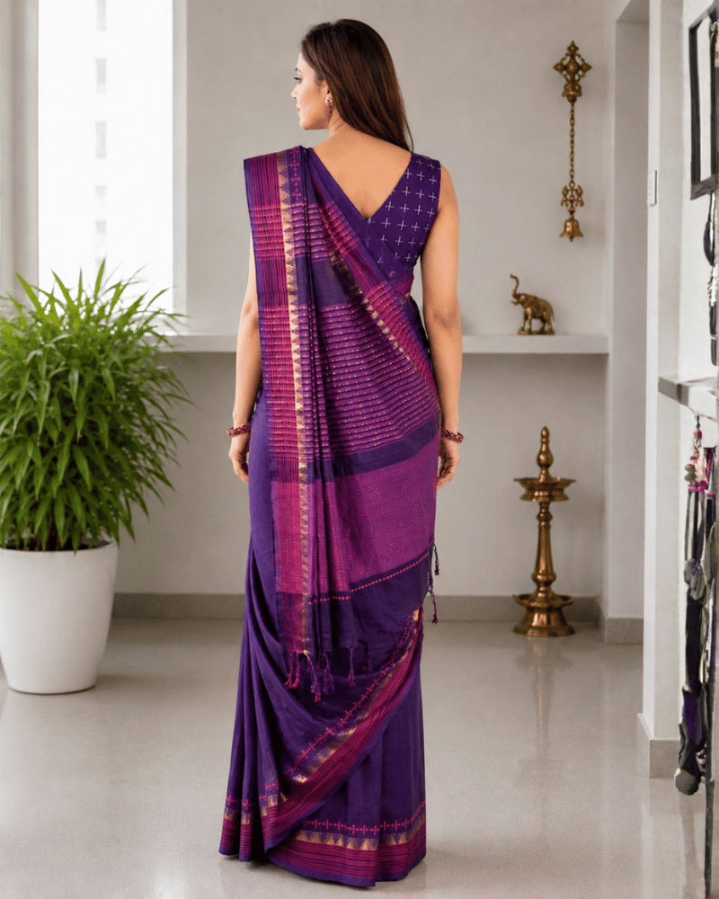 Purple Cotton Saree with Hand Embroidery