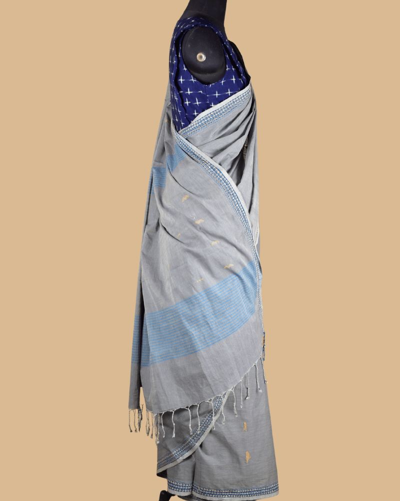 Grey Cotton Saree with Hand Embroidery