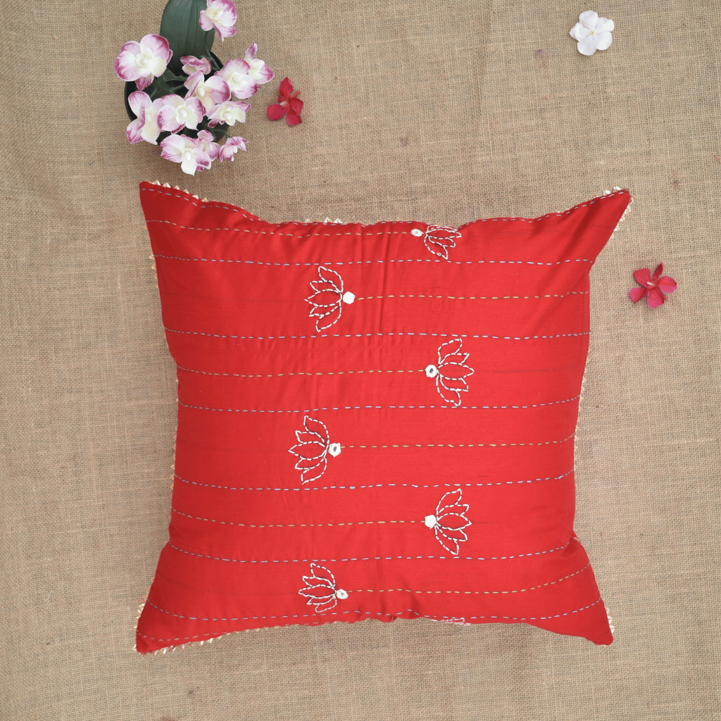Red Silk Cushion Cover With Lotus Embroidery - front