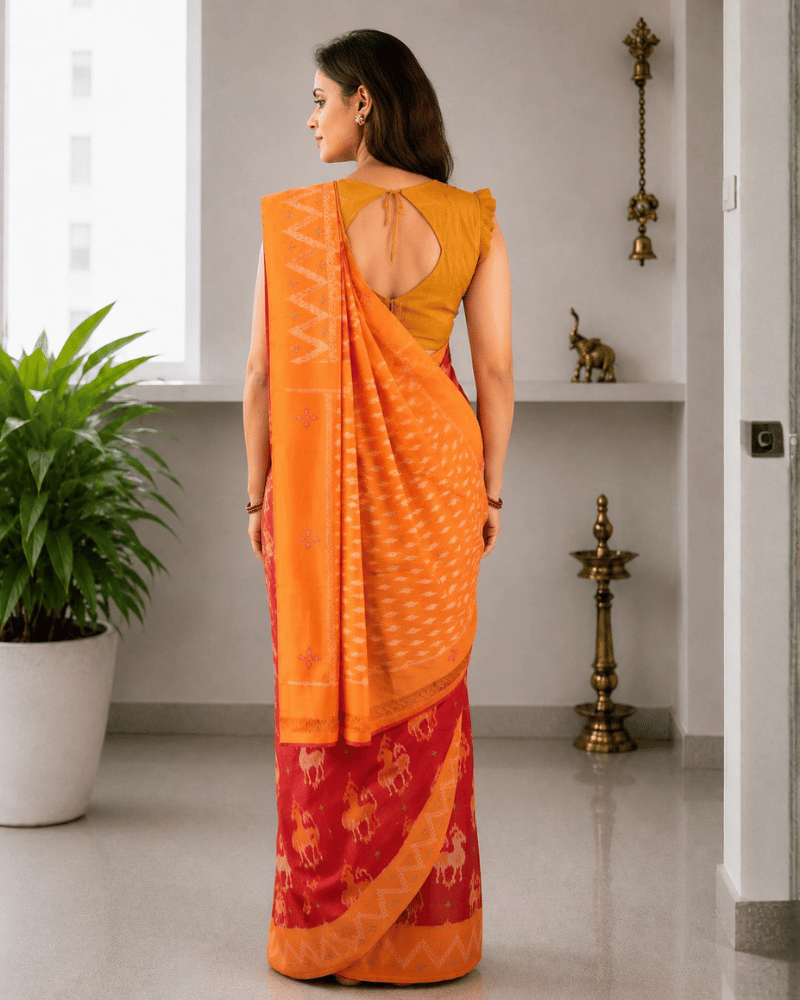 Red ikat saree with Yellow Border