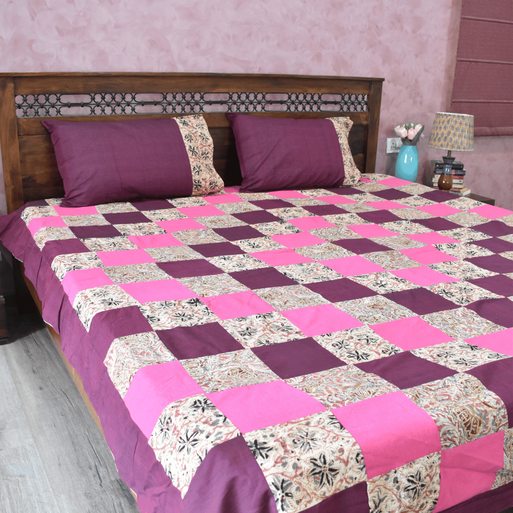 Purple kalamkari patchwork double bedcover - front