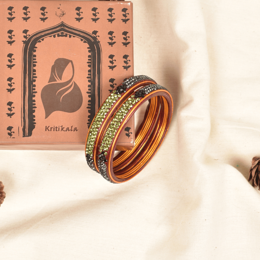 Pair of green & gold 3 line lac bangles - Hyderabad
