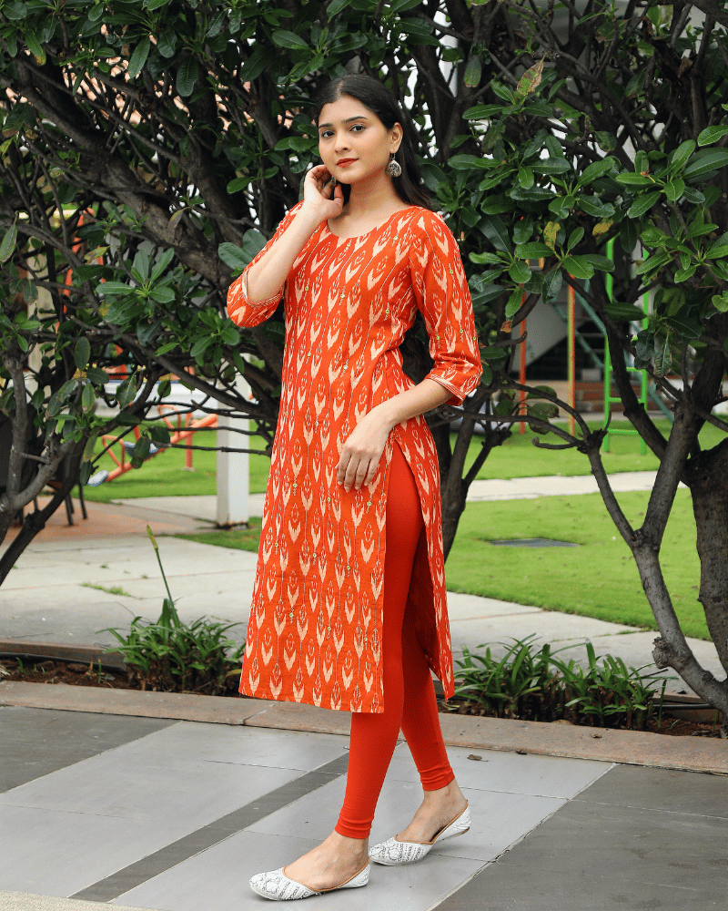 Hand Embroidery Orange ikat silk kurta - side
