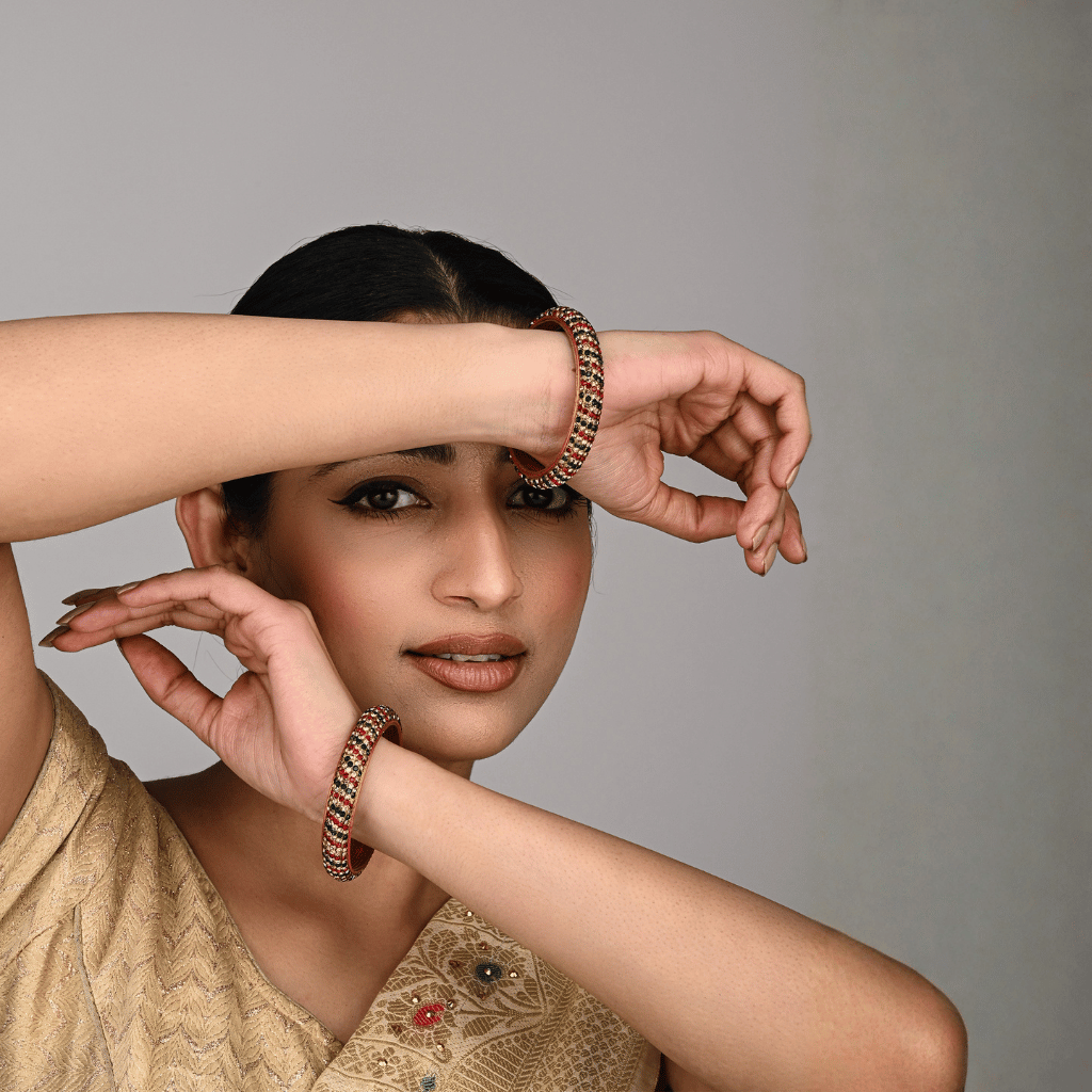 Pair of lac bangles in 5 line green and red tones - Hyderabad