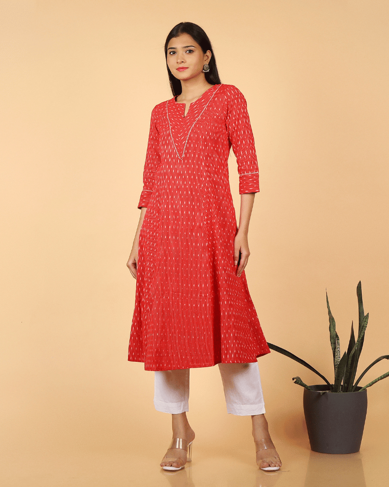 A line Red Ikat Cotton Kurta with Pleated V Yoke - sleeves