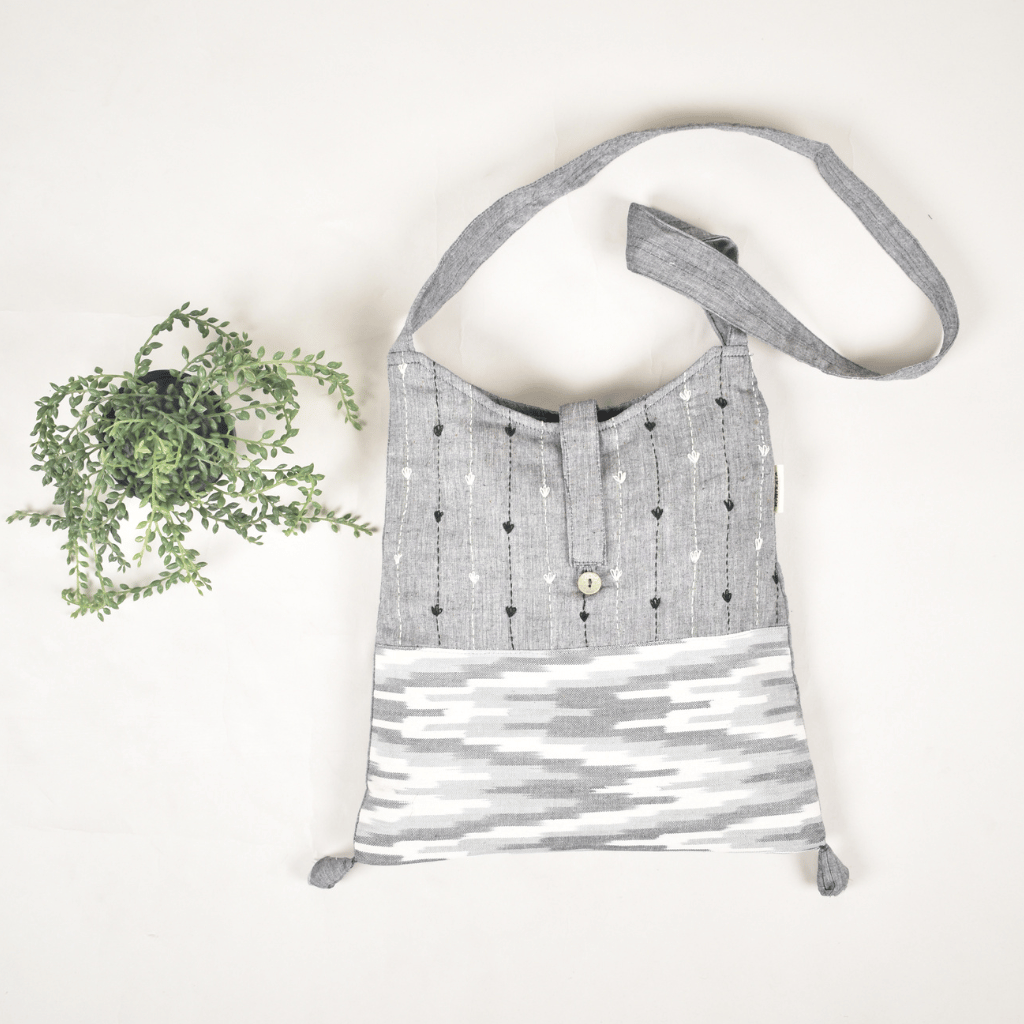 Grey Ikat sling bag with hand embroidery - sling