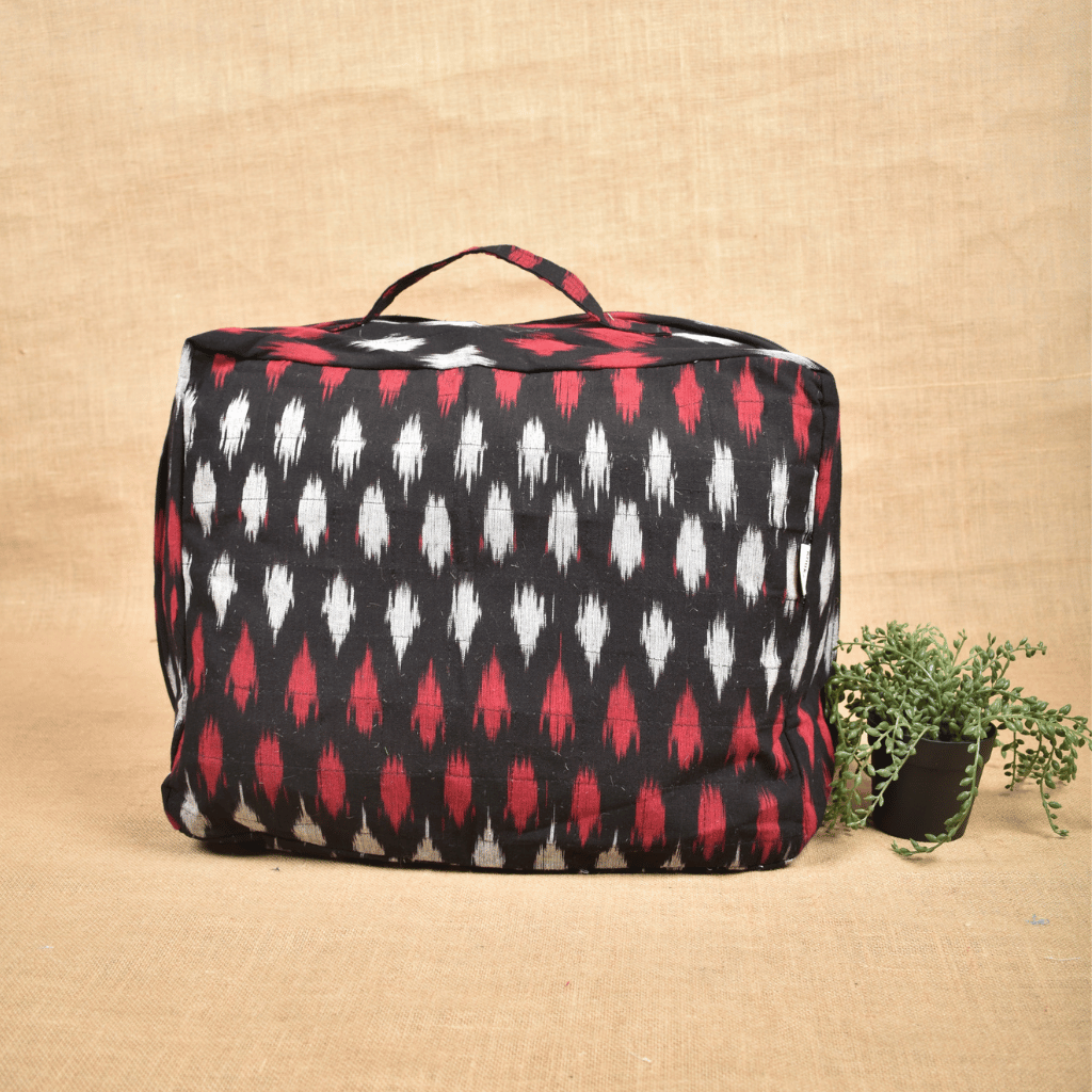 Black ikat sarees storage bag with sleeves - front