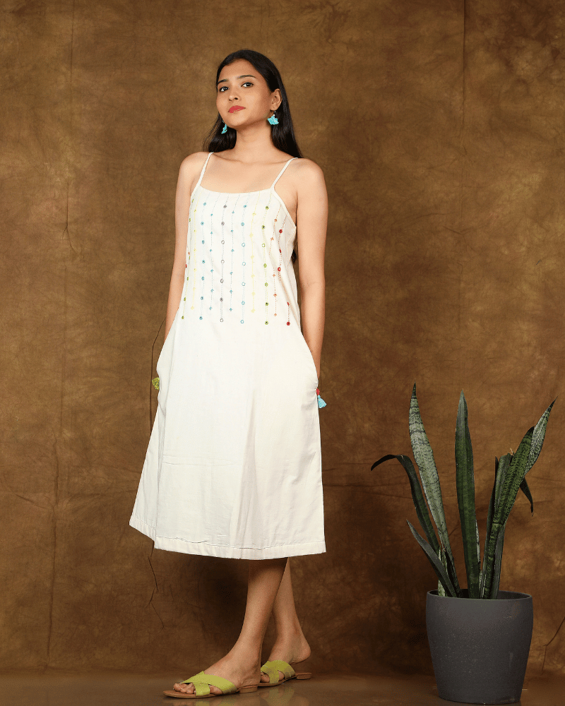 Spaghetti strap white summer dress - pockets