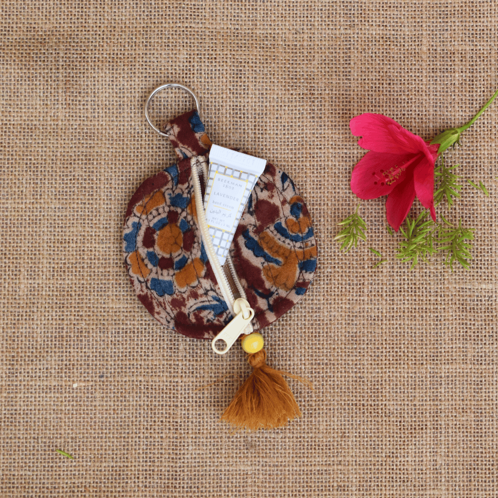 Maroon kalamkari Round Pouch – Lip Balm / Earbuds Holder
