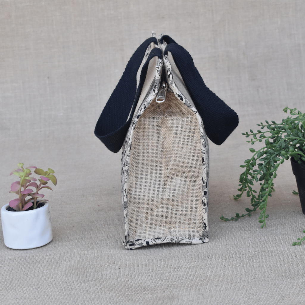 Black kalamkari and jute lunch bag