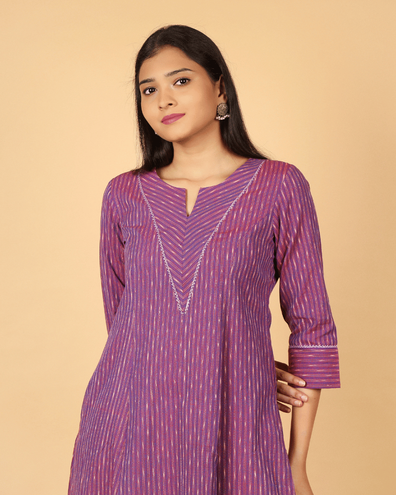 A line Purple Ikat Cotton Kurta with Pleated V Yoke - collar