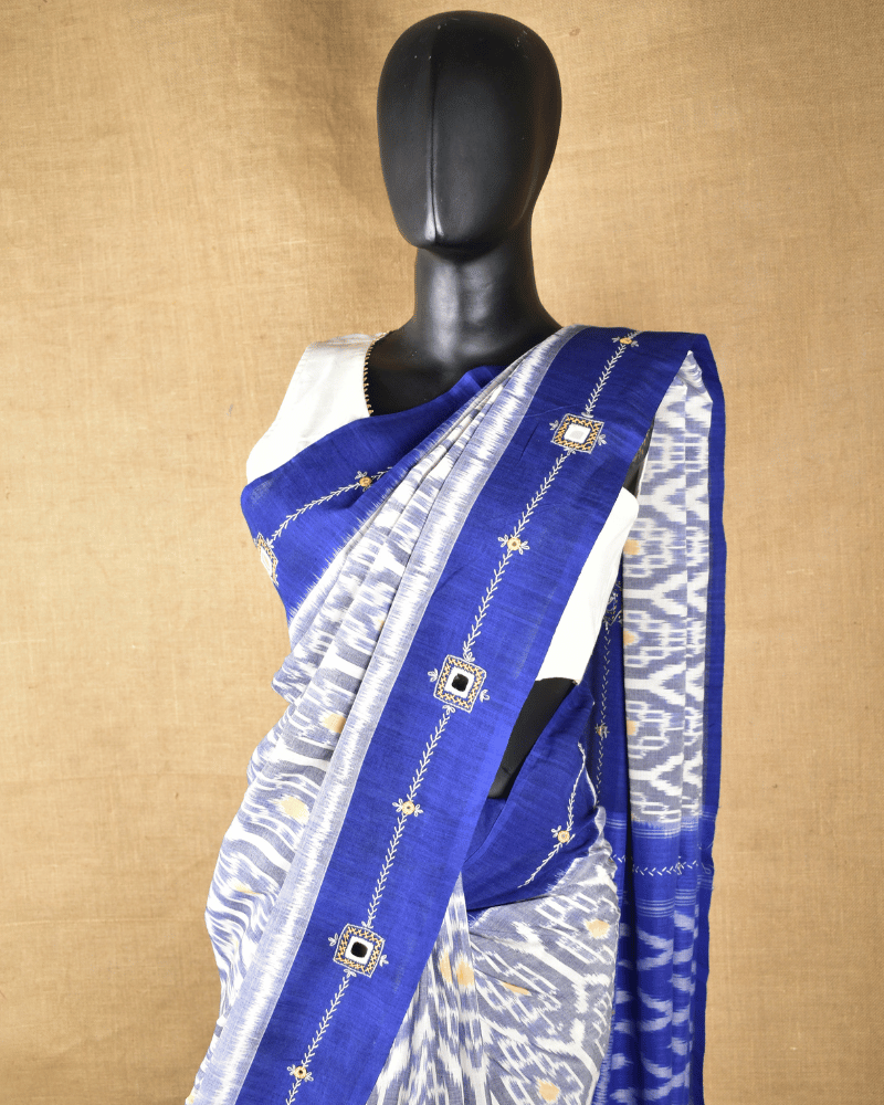 Grey ikat saree with hand embroidery