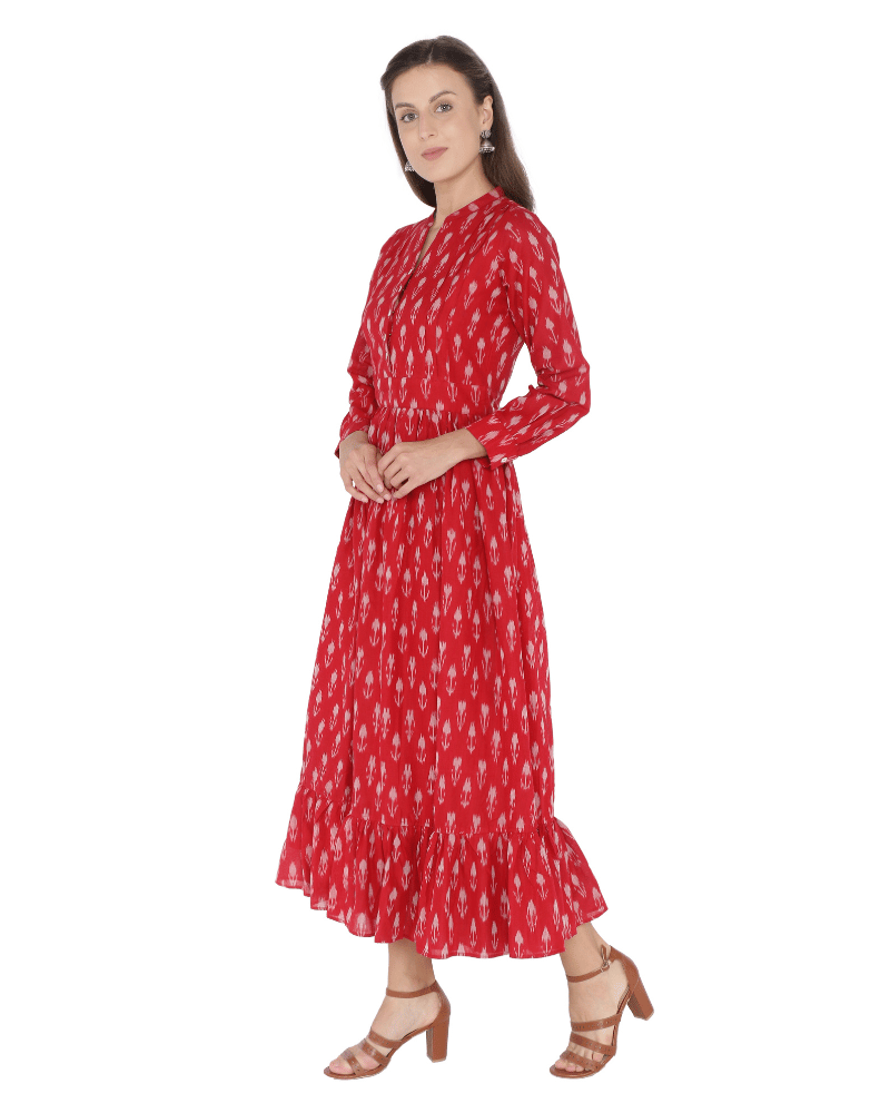 Red Ikat Printed Maxi Dress with Full Sleeves