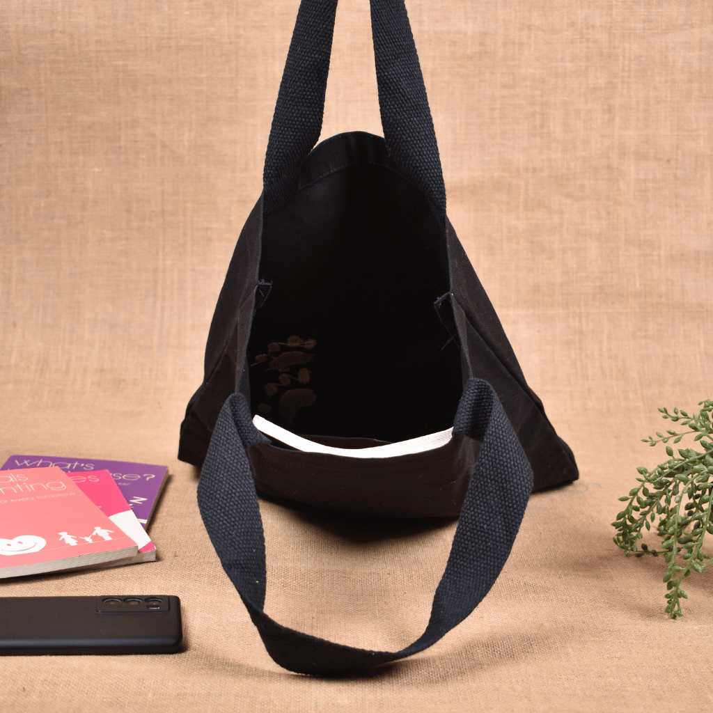 Black Canvas Tote Bag with Embroidered Paw & Heart Design - inside