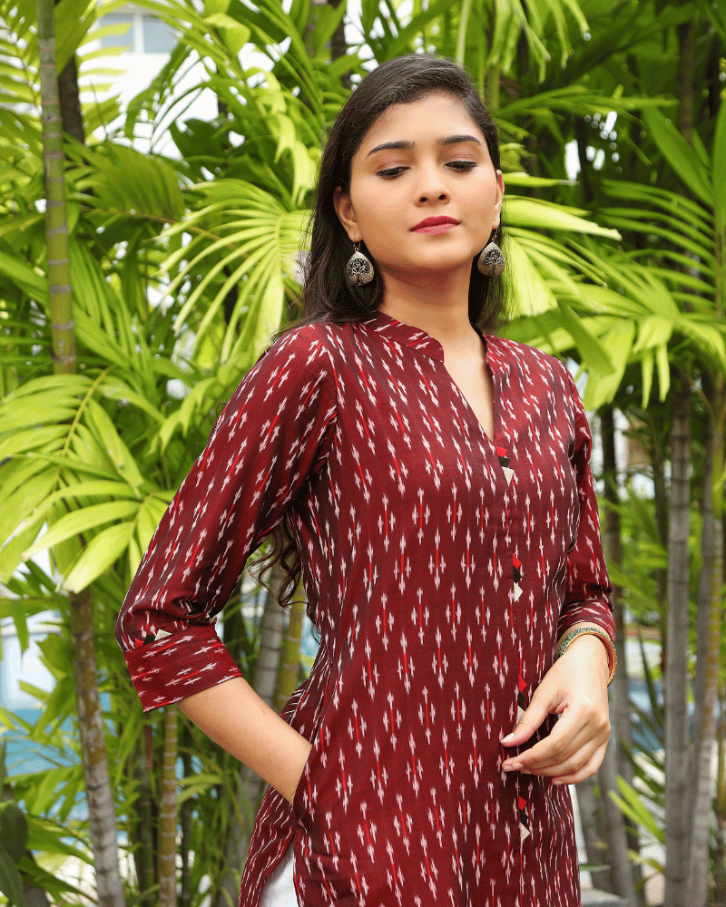 Maroon Women’s Mercerized Ikat Straight Kurta - pocket