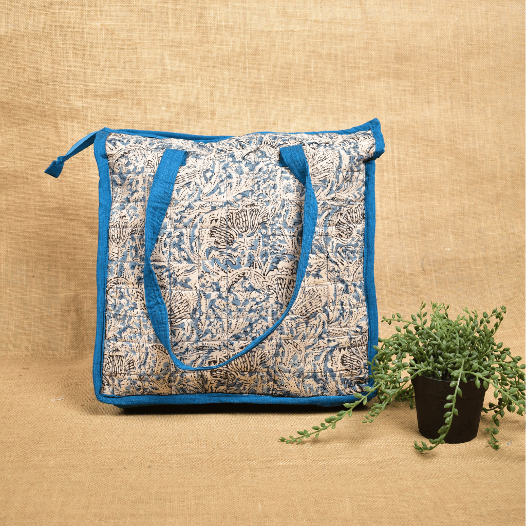 Sky Blue Kalamkari Quilted Tote Bag - back