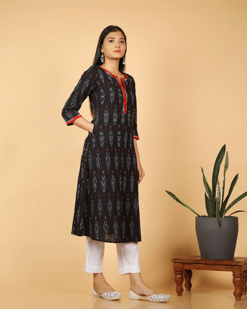 Black Triangle Embroidery Ikat Kurta - pocket
