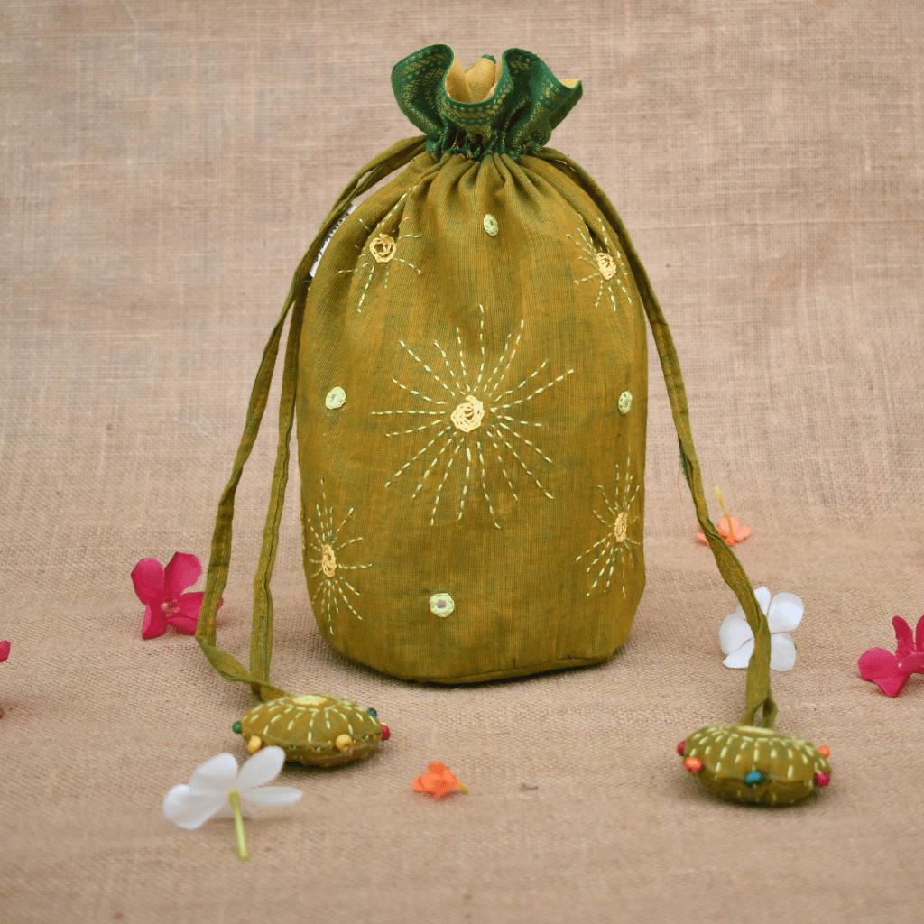 Yellow cylindrical potli bag with mirror embroidery