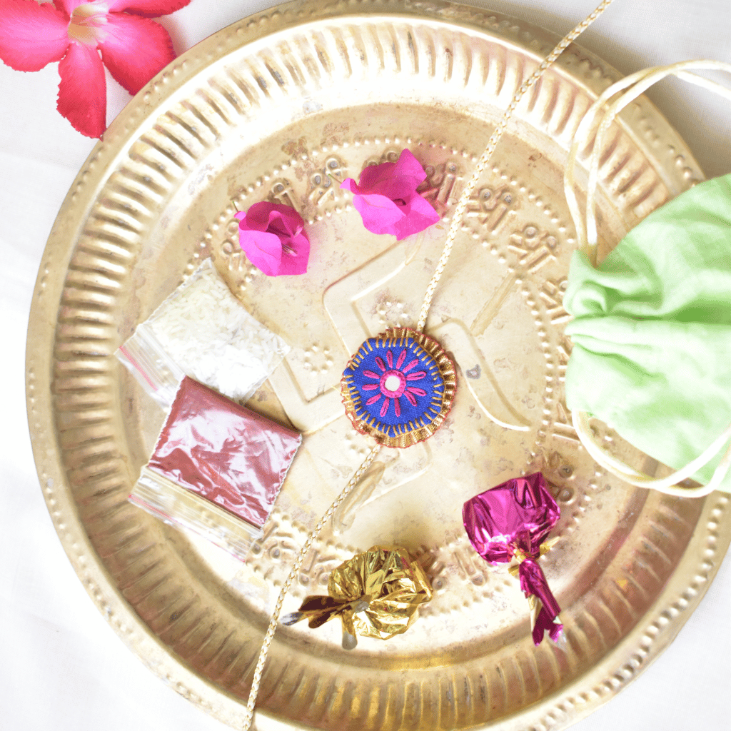 Blue Round Embroidery Handloom Rakhi