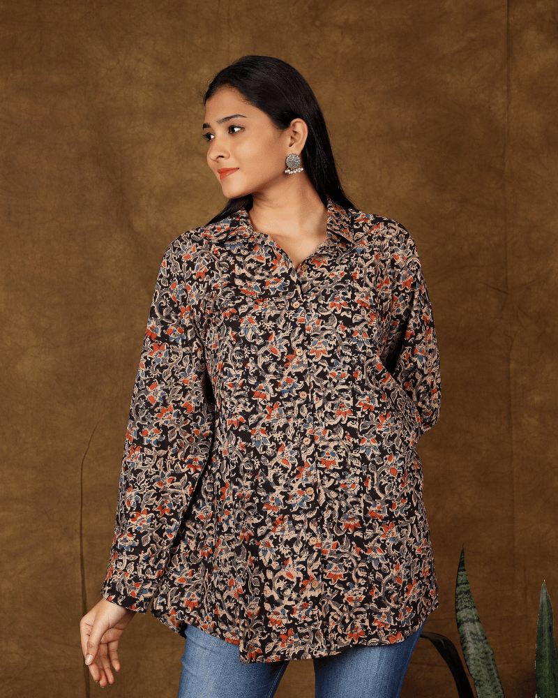 Stylish Women’s Black Kalamkari Cotton Shirt - full sleeves