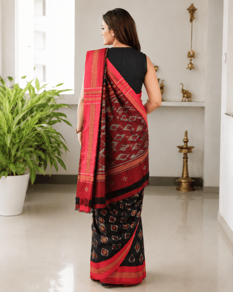 Black ikat saree with hand embroidery