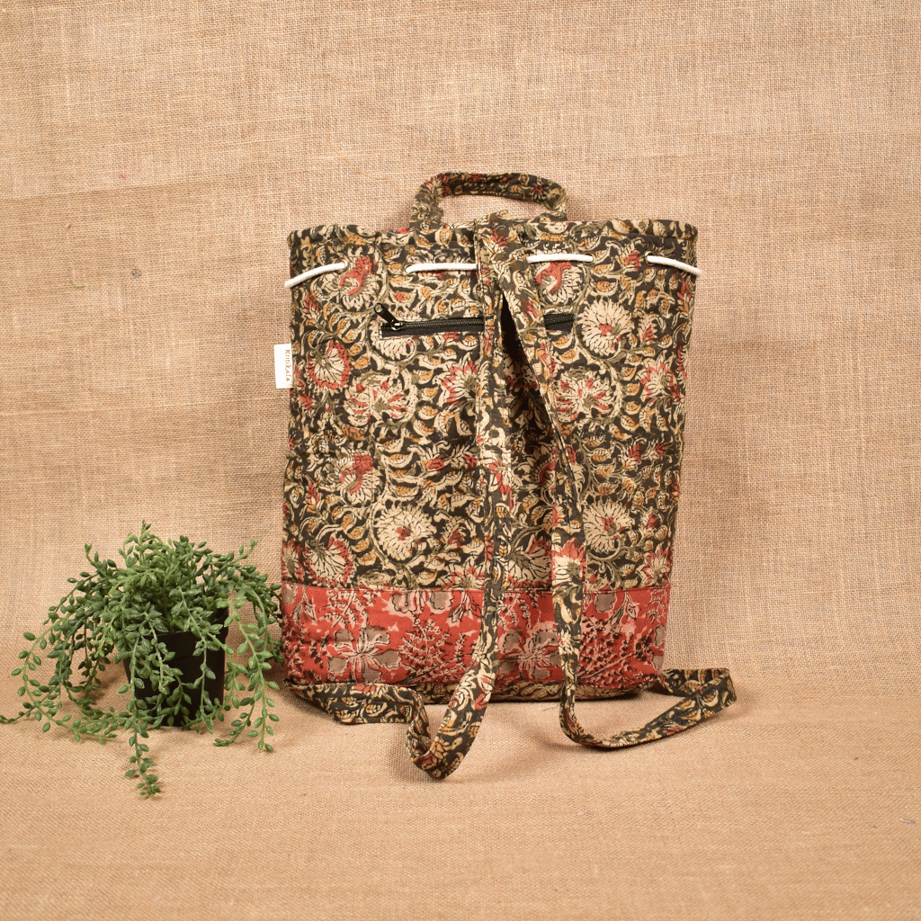 Quilted Green Kalamkari Backpack Bag - back
