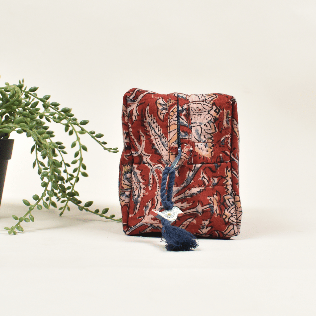 Red kalamkari quilted travel pouch - side