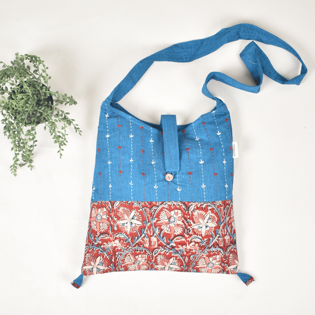 Blue and Red Kalamkari sling bag with hand embroidery - sling
