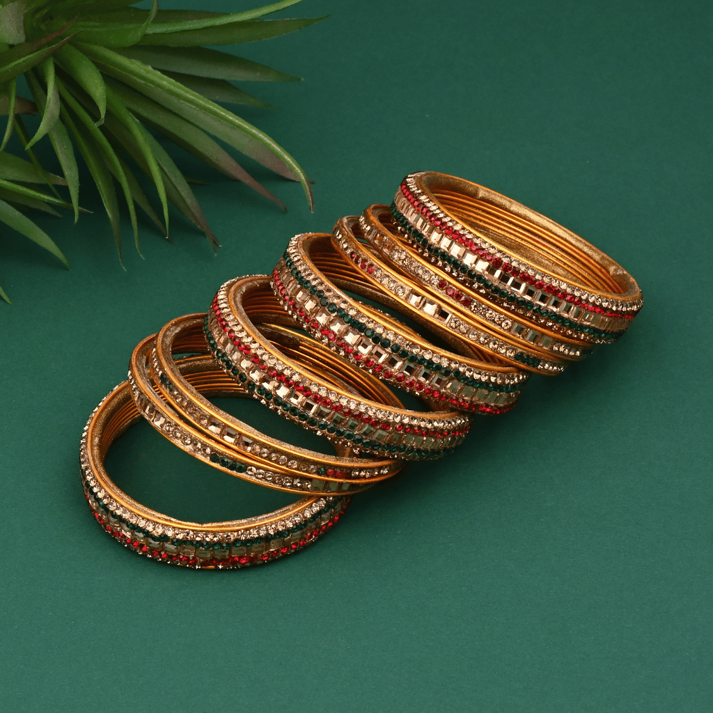 Set of Eight Bangles in Green & Red tones - Gold