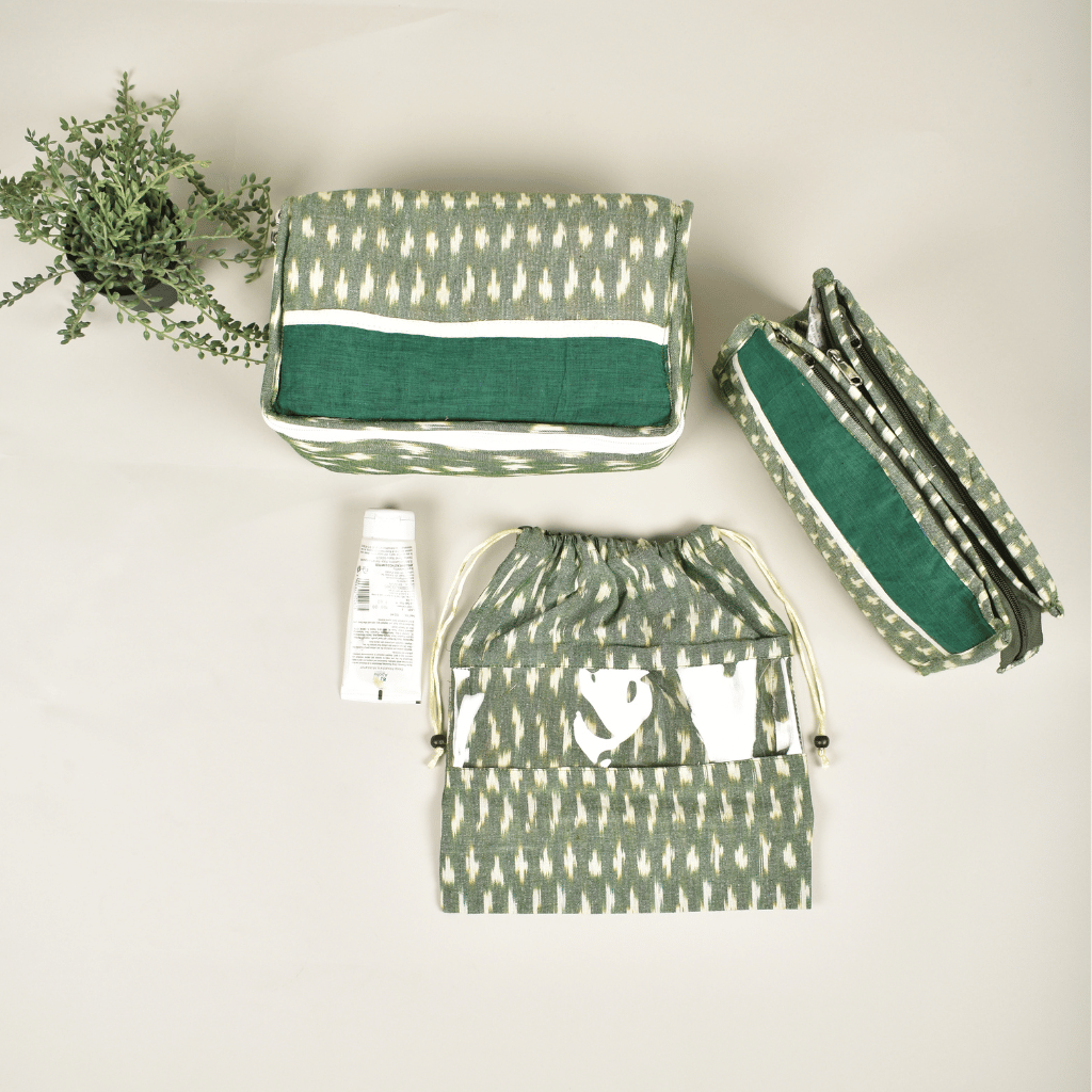 Green ikat travel Toiletry bag - shoe pockets
