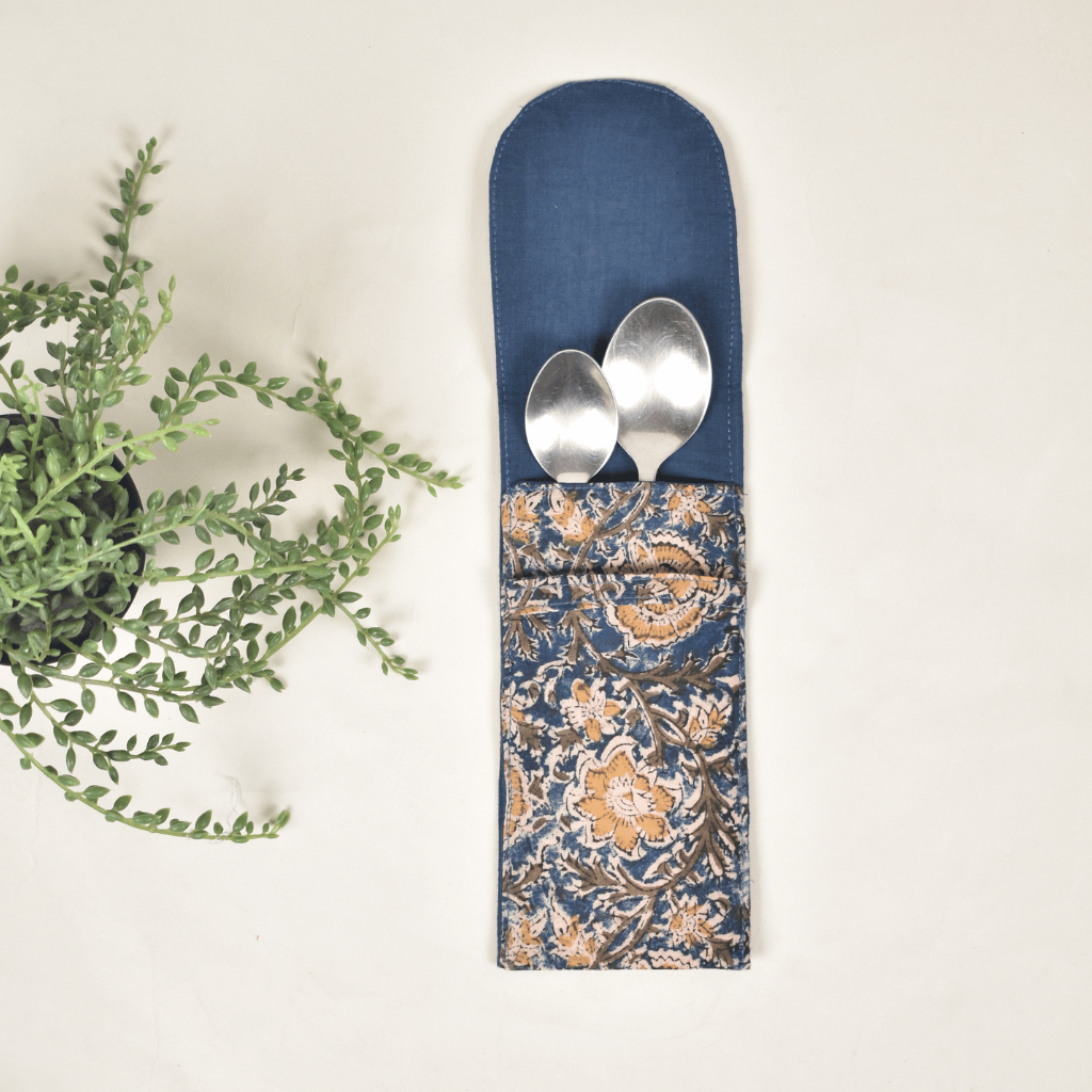 Blue kalamkari cutlery pouch - inside