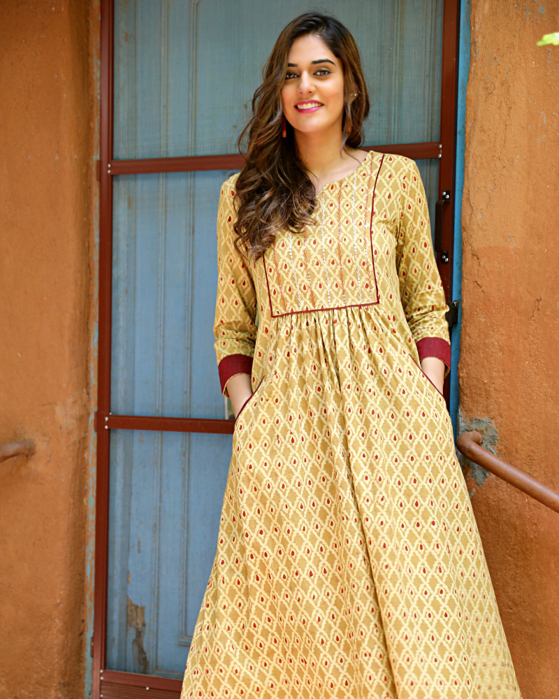 Mustard yellow kalamkari dress front view