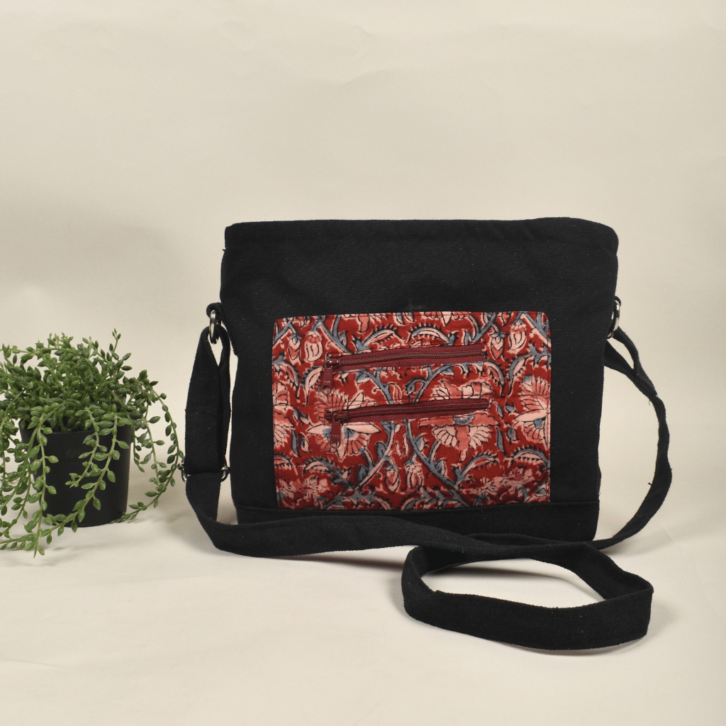 Red kalamkari & canvas multi pocket sling bag - front
