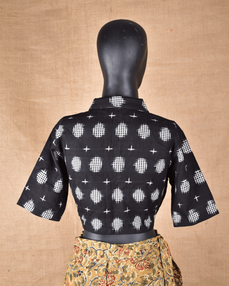 Black Ikat Cotton Blouse with Collared Neck - back