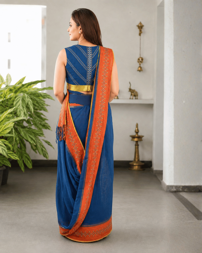 Blue Cotton Saree with Hand Embroidery