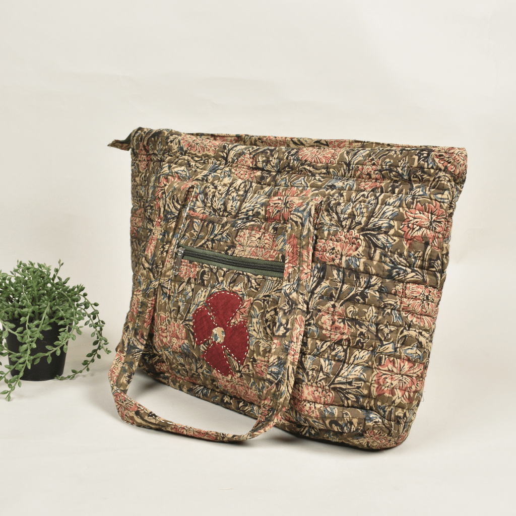 Quilted Green Kalamkari Large Tote Bag - side