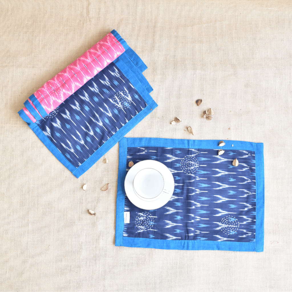 Blue and pink ikat reversible table mat set of six