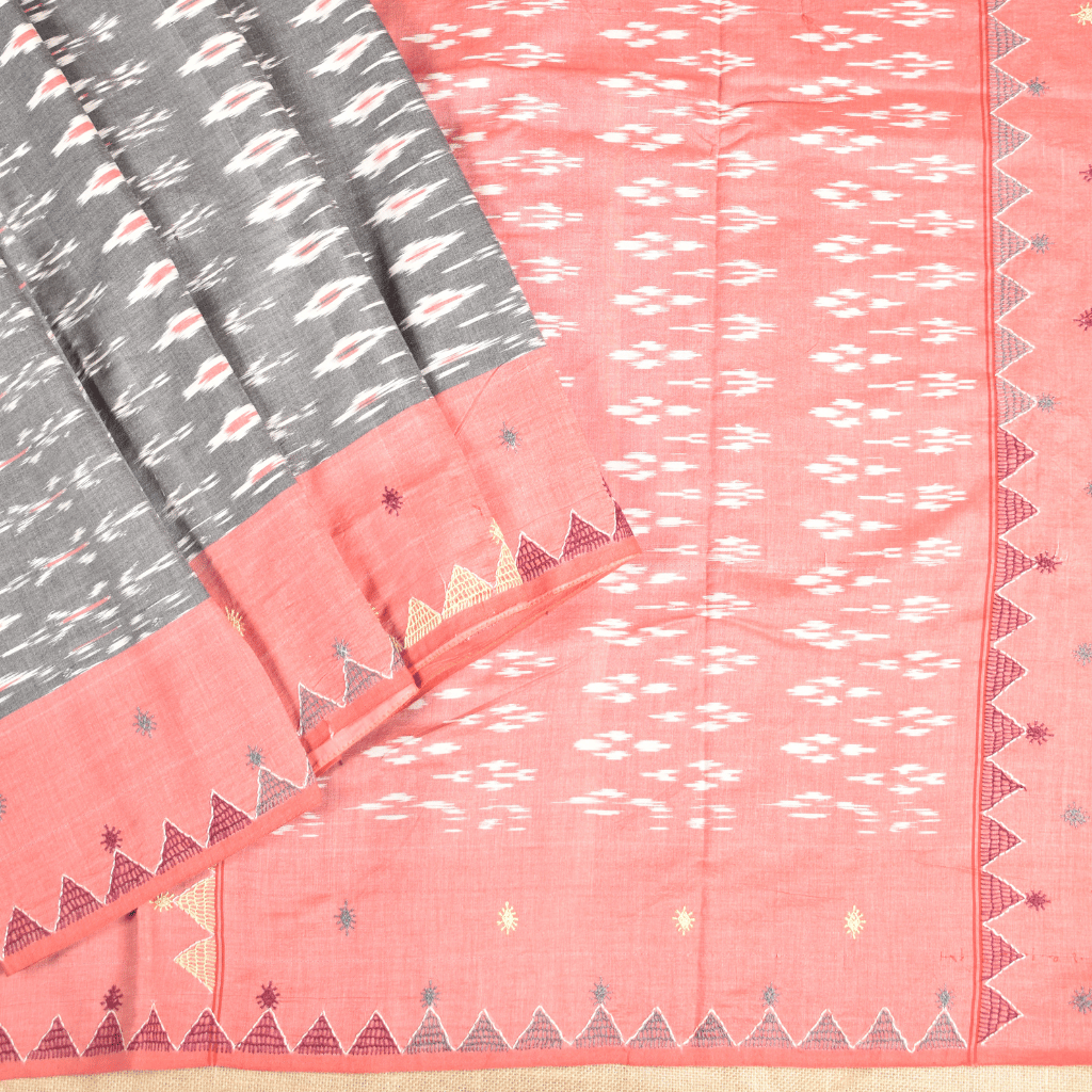 Grey ikat saree with hand embroidery